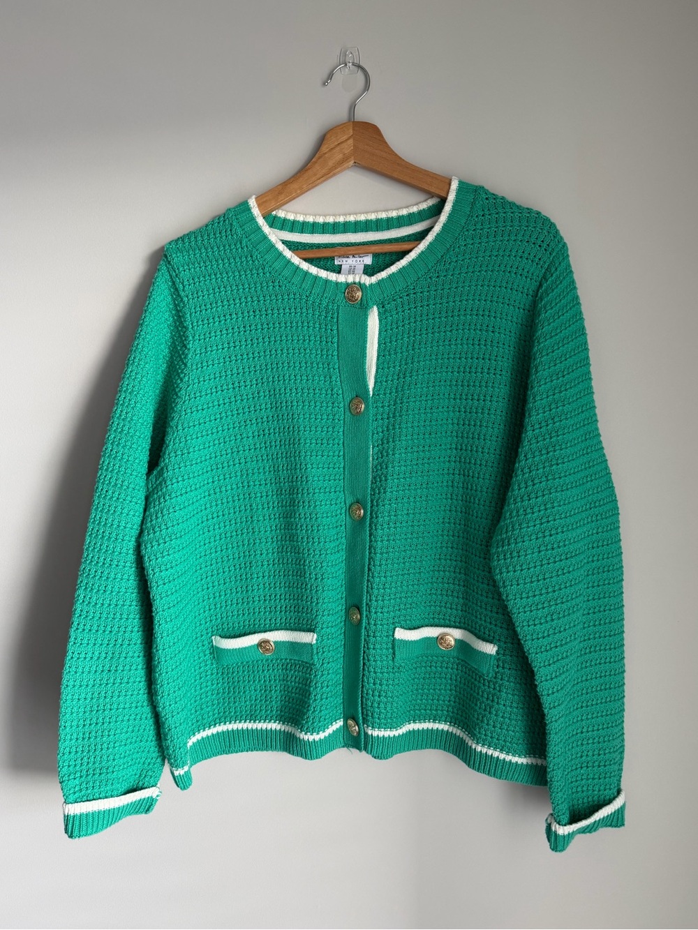 Nicole Miller Green Knit Button-Front Cardigan with White Trim 1X